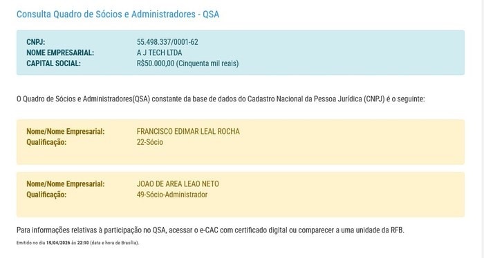 QSA da A J Tech Ltda — Receita Federal, consultado em 19/04/2026