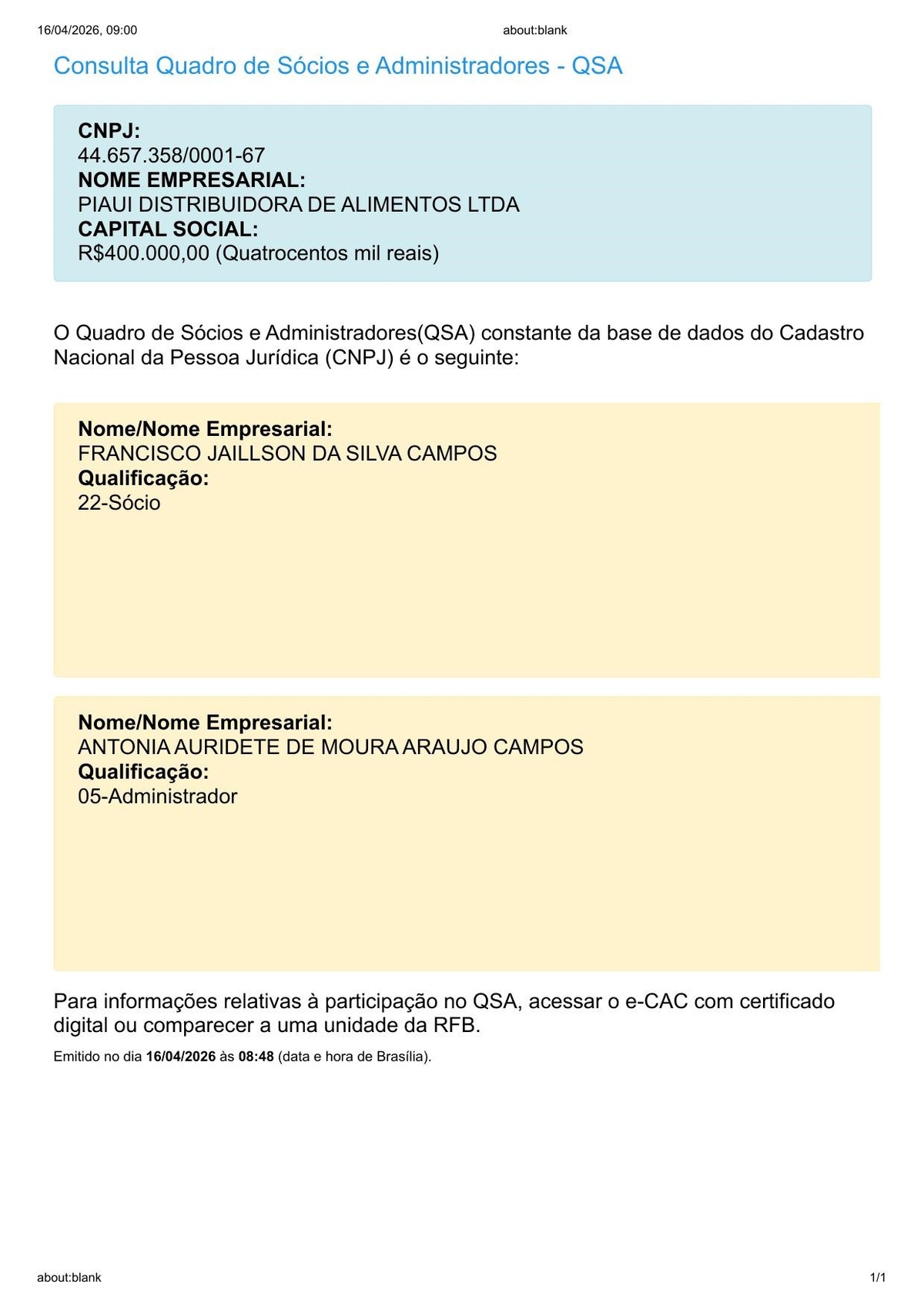 Quadro de Sócios e Administradores (QSA) confirmando Francisco Jaillson como sócio e Antonia Auridete como administradora, com capital social de R$ 400.000,00.