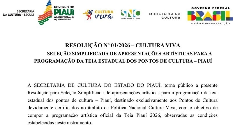Resolução n. 01/2026 fixa os cachês: R$ 5.000 para grupos grandes, R$ 3.000 para médios e R$ 1.500 para artistas individuais. São 80 vagas no total. (SECULT/PI, 3 mar. 2026)