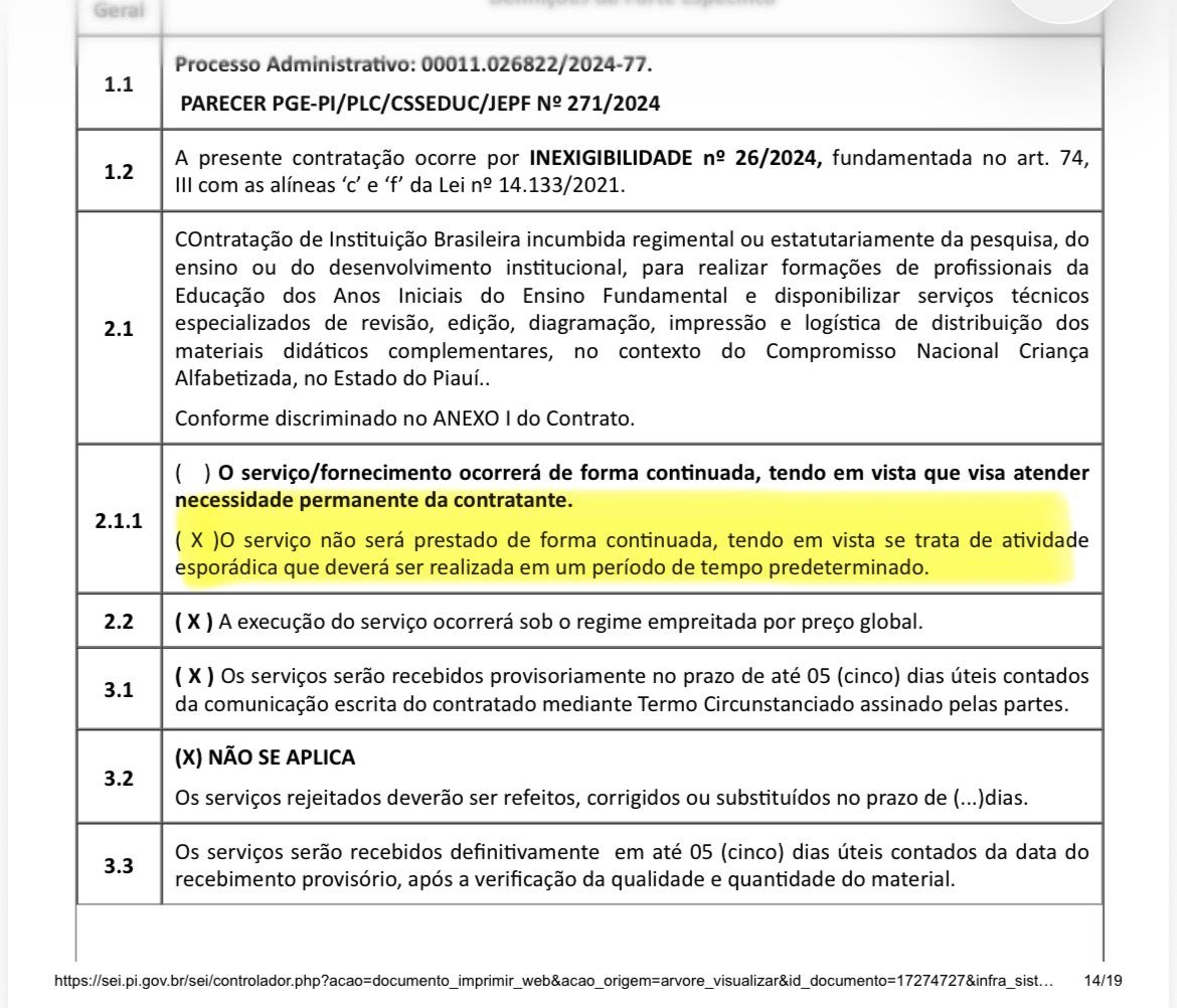 Serviço esporadico se tornou permanente em contrato da SEDUC-FGV