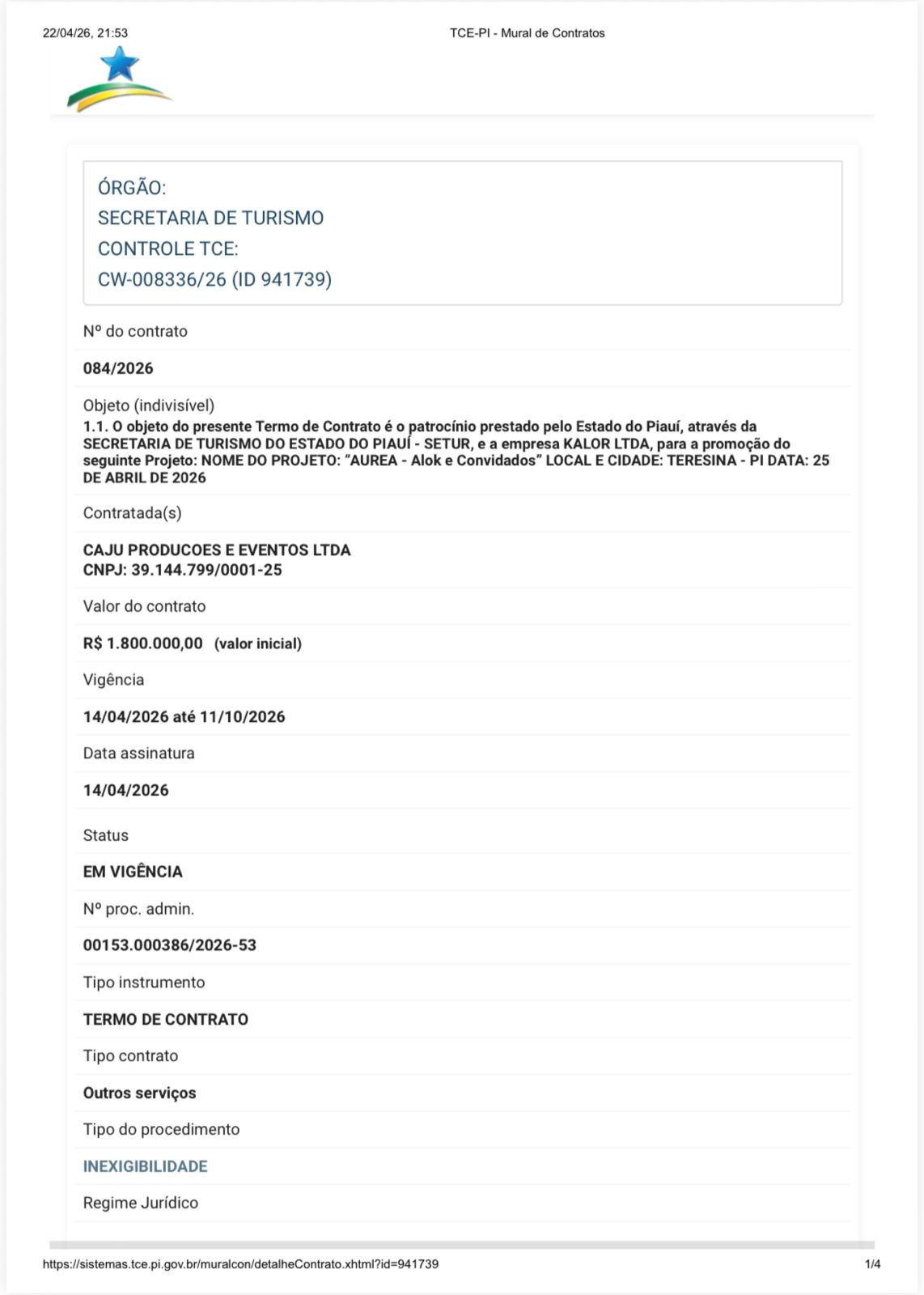 Show irá custar R$ 1.800 milhões