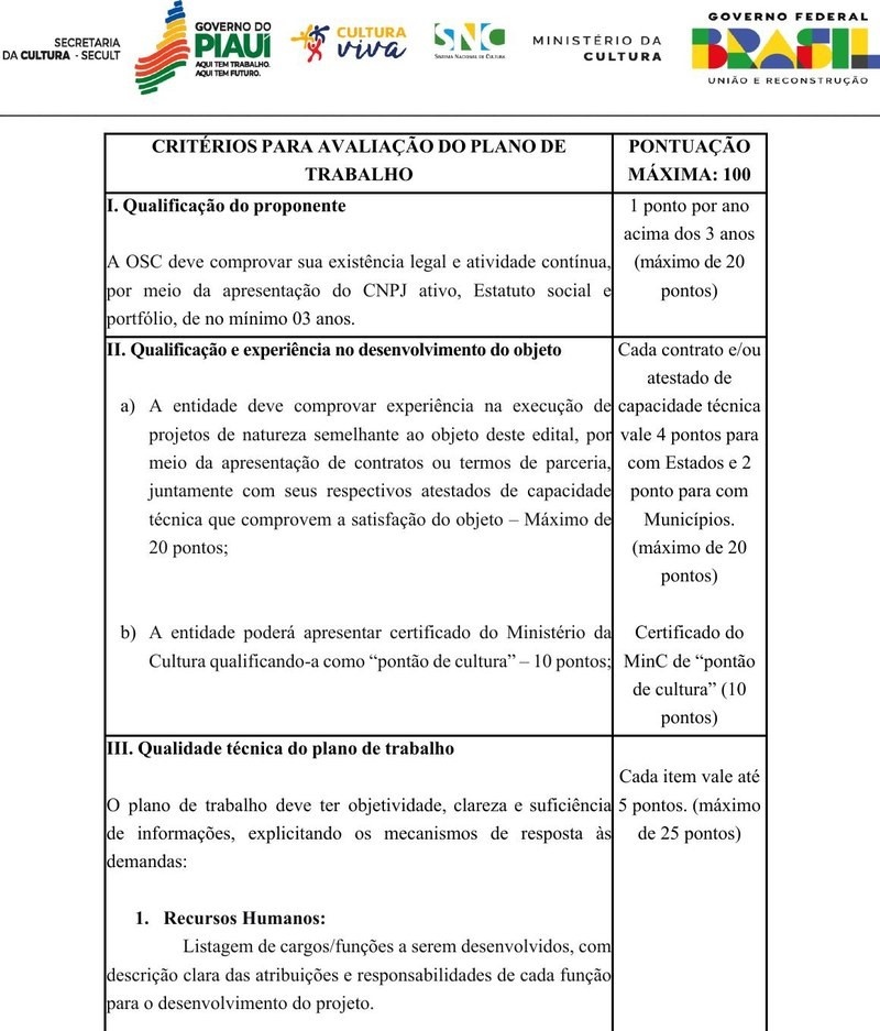 Tabela de critérios de avaliação do Edital n. 01/2026. Contratos com estados valem o dobro dos municipais. Certificado de Pontão de Cultura garante 10 pontos extras. (Item 10.3 do Edital)