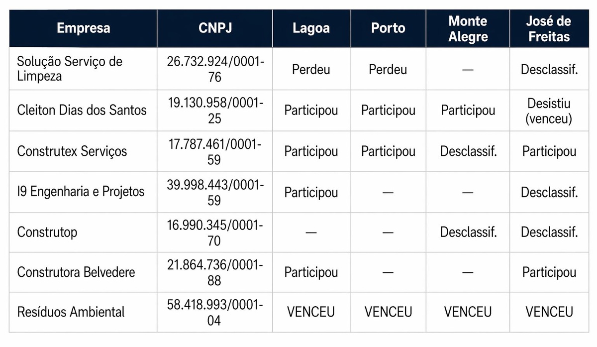 Tabela mostra que apenas uma empresa venceu todos os lotes, enquanto concorrentes foram desclassificados ou não avançaram nos certames.