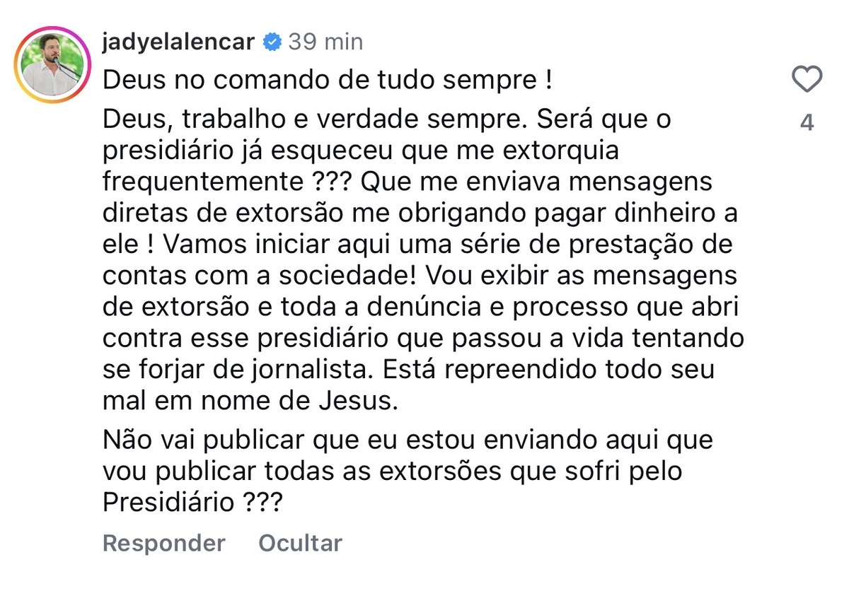 Comentário de deputado em postagem no Instagram do Portal AZ