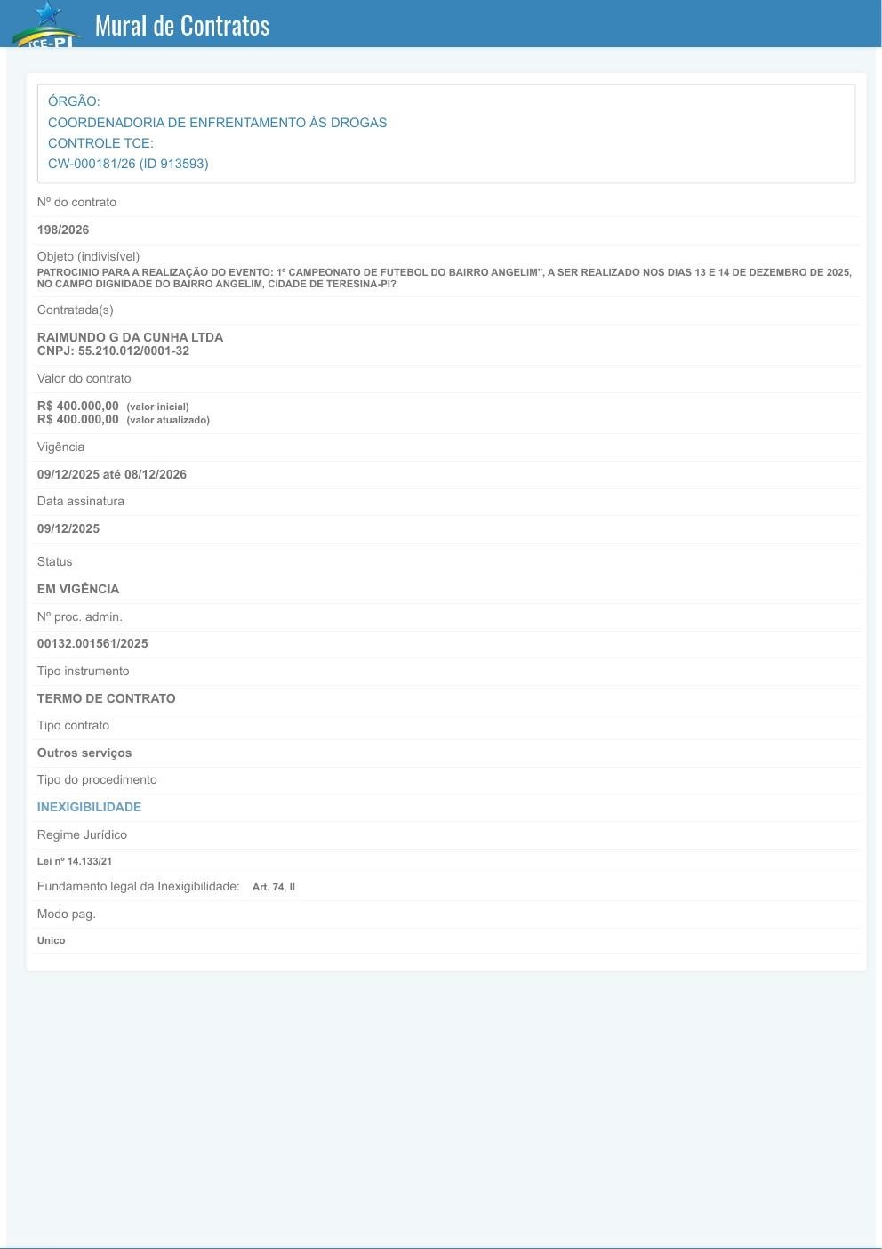 Documento: Mural do TCE-PI com o Contrato 198/2025 – Campeonato de Futebol do Bairro Angelim, R$ 400.000,00