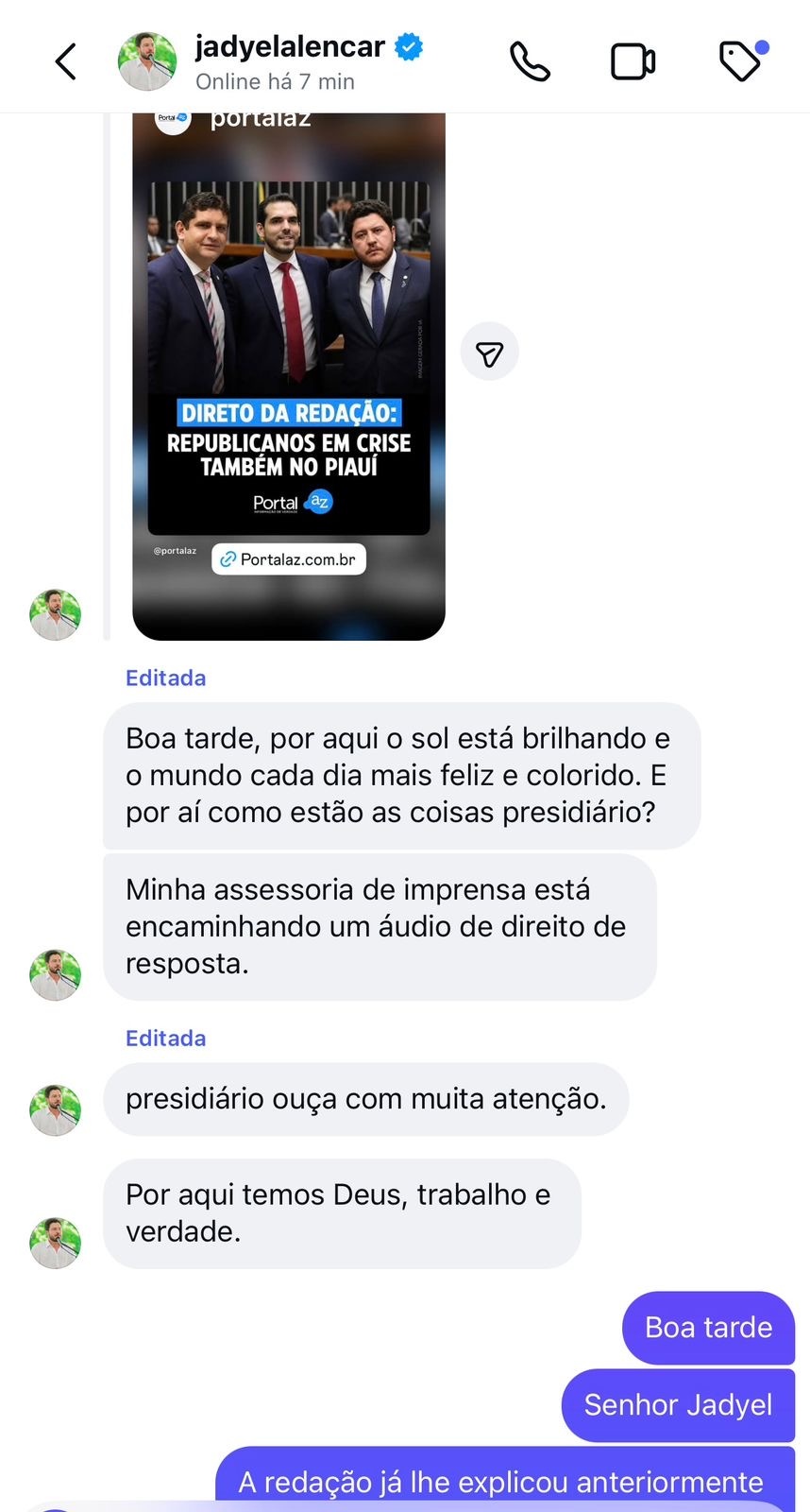 Mensagens enviadas por Jadyel Alencar ao Portal AZ