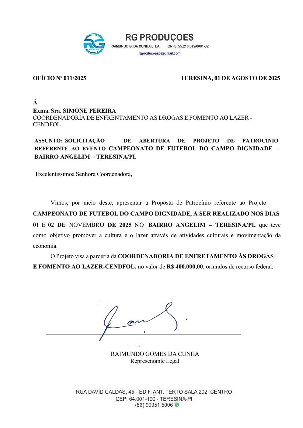 Ofício 011/2025 da RG Produções solicitando patrocínio para o futebol no bairro Angelim. Três ofícios similares foram enviados no mesmo dia: 1 de agosto de 2025