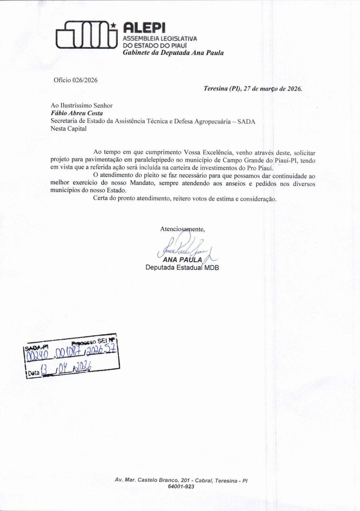 Ofício 026/2026 — Pedido de pavimentação em paralelepípedo em Campo Grande do Piauí, datado de 27 de março de 2026.
