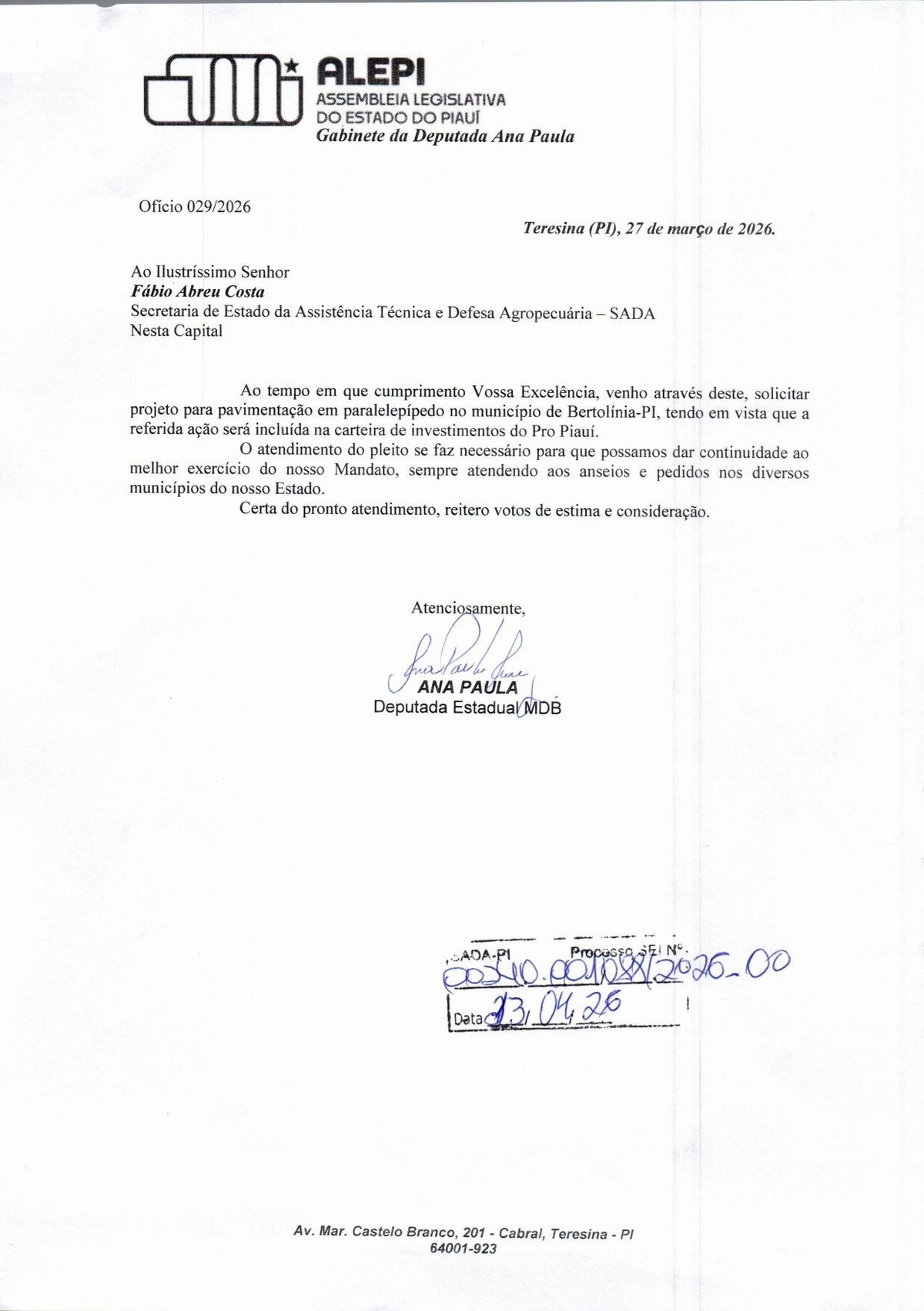 Ofício 029/2026 — Pavimentação em paralelepípedo em Bertolínia, emitido em 27 de março de 2026.