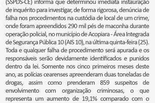 Nota de esclarecimento divulgada pela SSPDS-CE e pela Polícia Civil do Ceará confirma abertura de inquérito sobre falha na custódia da plantação de maconha apreendida em Acopiara (Foto: Reprodução)