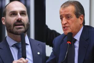 O ex-deputado federal Eduardo Bolsonaro e o presidente nacional do PL, Valdemar Costa Neto