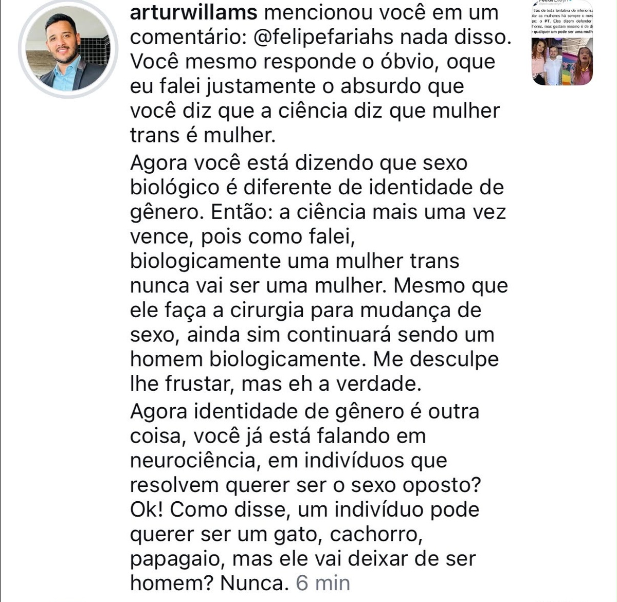 Comentários de Artus Willams nas redes sociais
