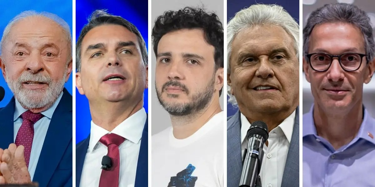 Da esquerda para a direita, os candidatos Luiz Inácio Lula da Silva (PT), Flávio Bolsonaro (PL), Renan Santos (Missão), Ronaldo Caiado (PSD) e Romeu Zema (Novo).
