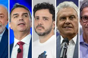 Da esquerda para a direita, os candidatos Luiz Inácio Lula da Silva (PT), Flávio Bolsonaro (PL), Renan Santos (Missão), Ronaldo Caiado (PSD) e Romeu Zema (Novo). (Foto: Ricardo Stuckert / PR | Divulgação / PL | Divulgação / Missão | Roberto Sungi | Divulgação / MG)