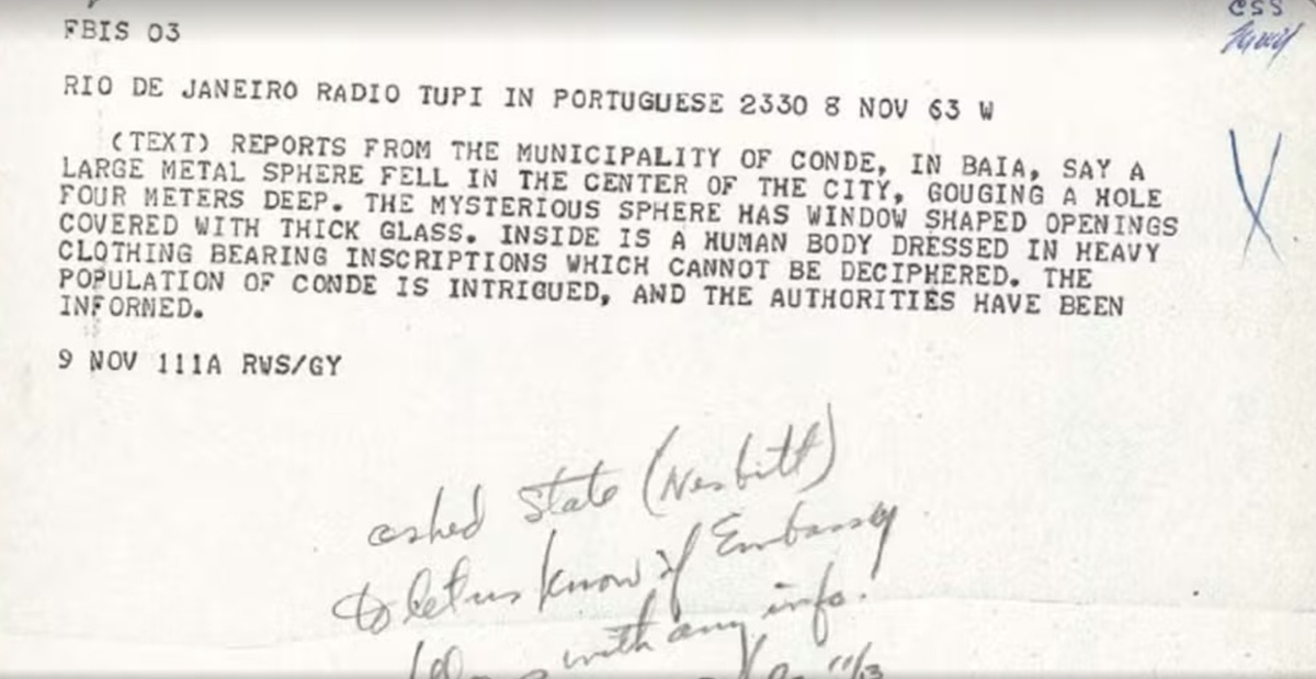 Documento da CIA registra investigação sobre suposto avistamento de OVNI na Bahia em 1963.