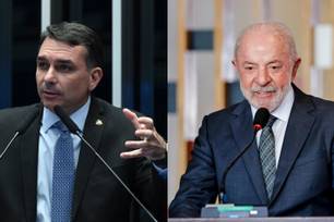 O senador Flávio Bolsonaro (PL), à esquerda; o presidente Luiz Inácio Lula da Silva (PT), à direita