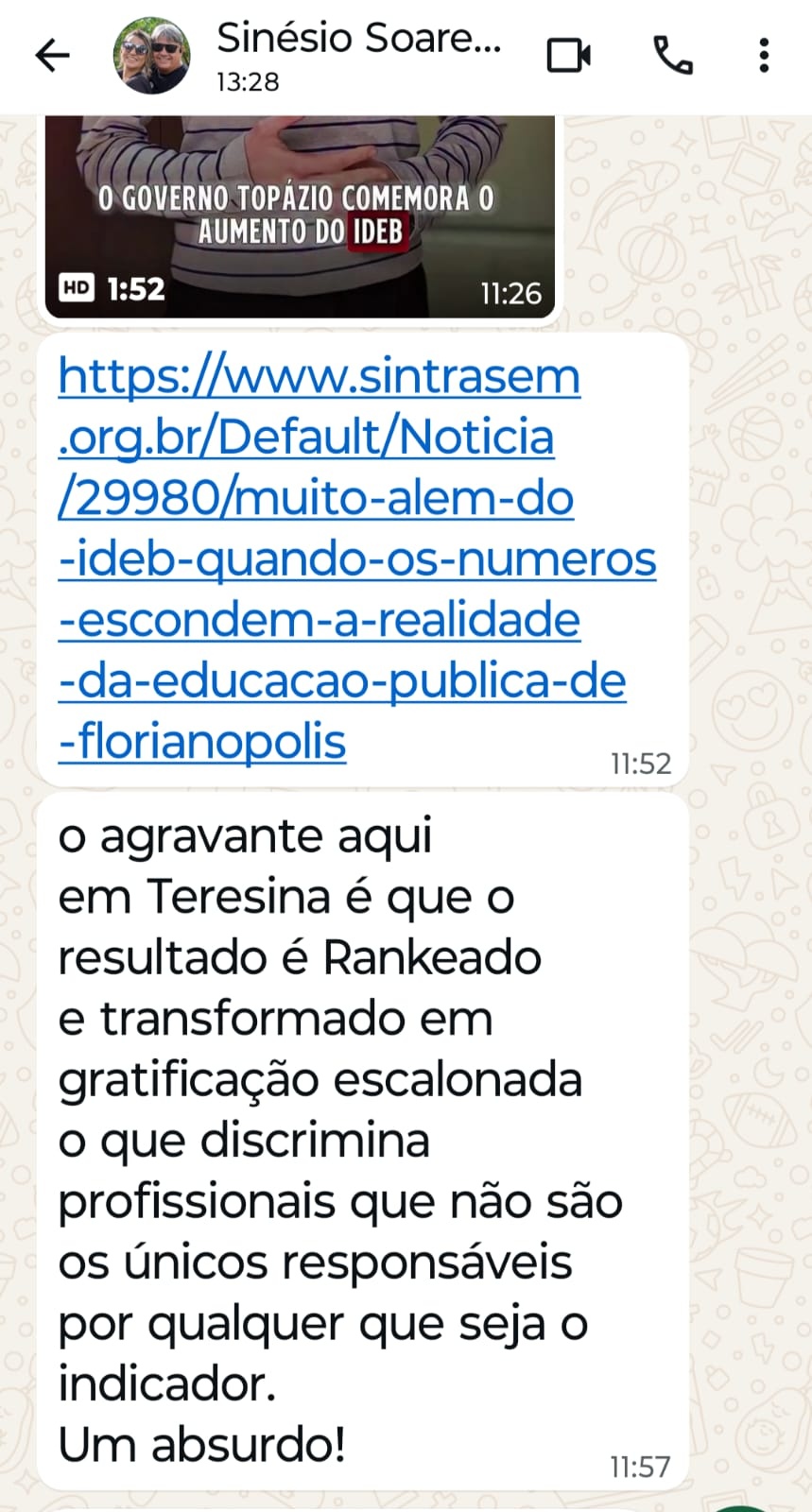 Print de conversa entre o jornalista Márcio Felipe e o ex-dirigente do Sindserm Sinésio Soares.