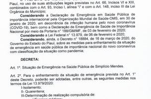 Covid-19: Prefeito de Simplício Mendes assina decreto de emergência e institui comitê de gestão de crise (Foto: -)