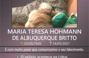 Morre, aos 94 anos, Maria Teresa de Albuquerque Brito (Foto: -)