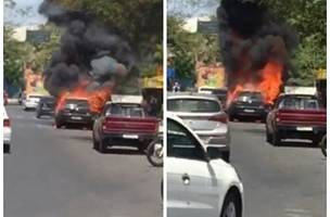 Veículo pega fogo e fica completamente destruído na Avenida Ruy Barbosa (Foto: -)